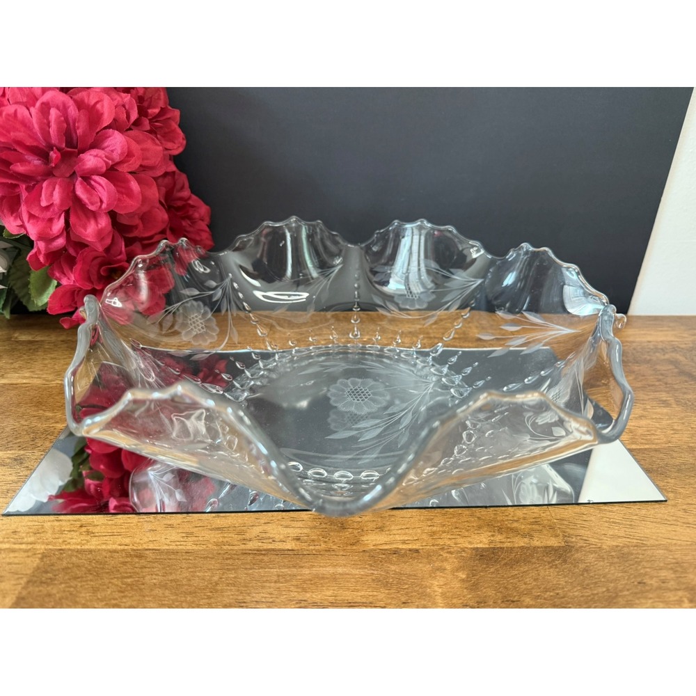 Vintage WJ Hughes Cornflower Crystal Footed Serving Bowl Etched Floral Leaf